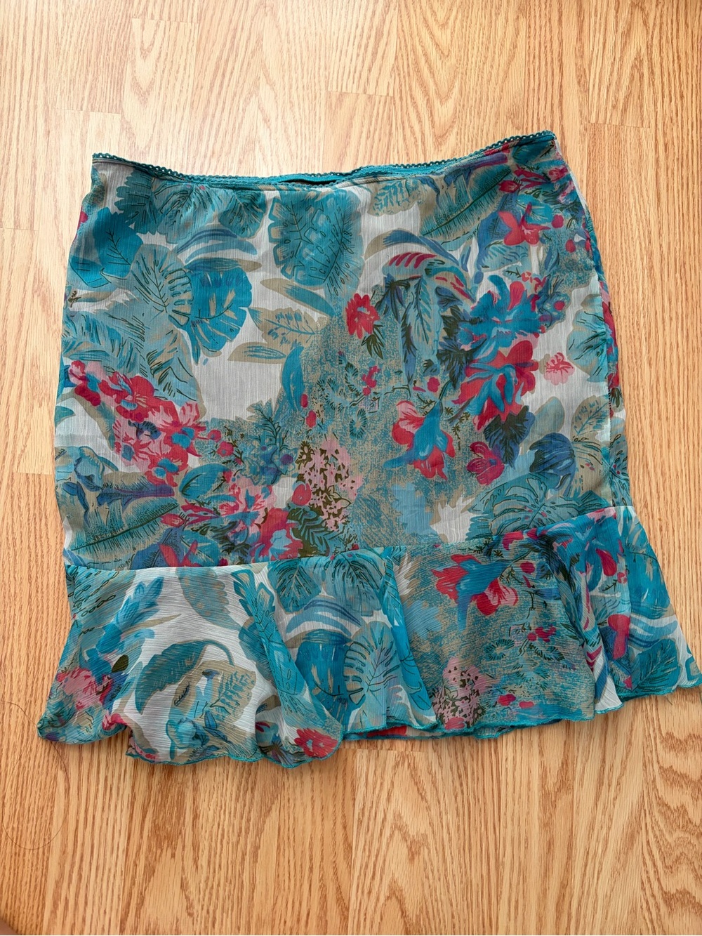 Y2K fairy midi skirt with Floral Teal and Ruffled Hem